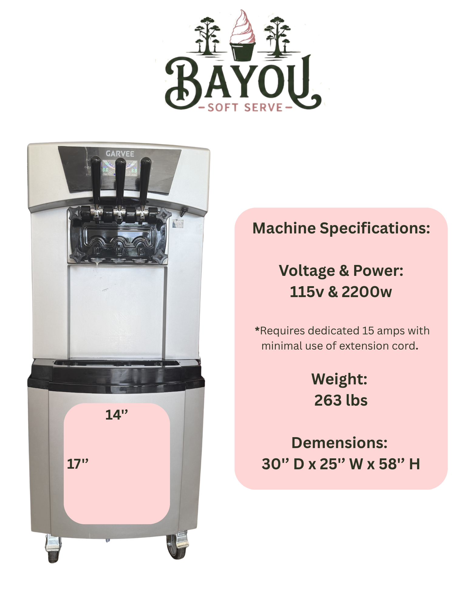 Bayou Soft Serve commercial soft-serve machine with dimensions